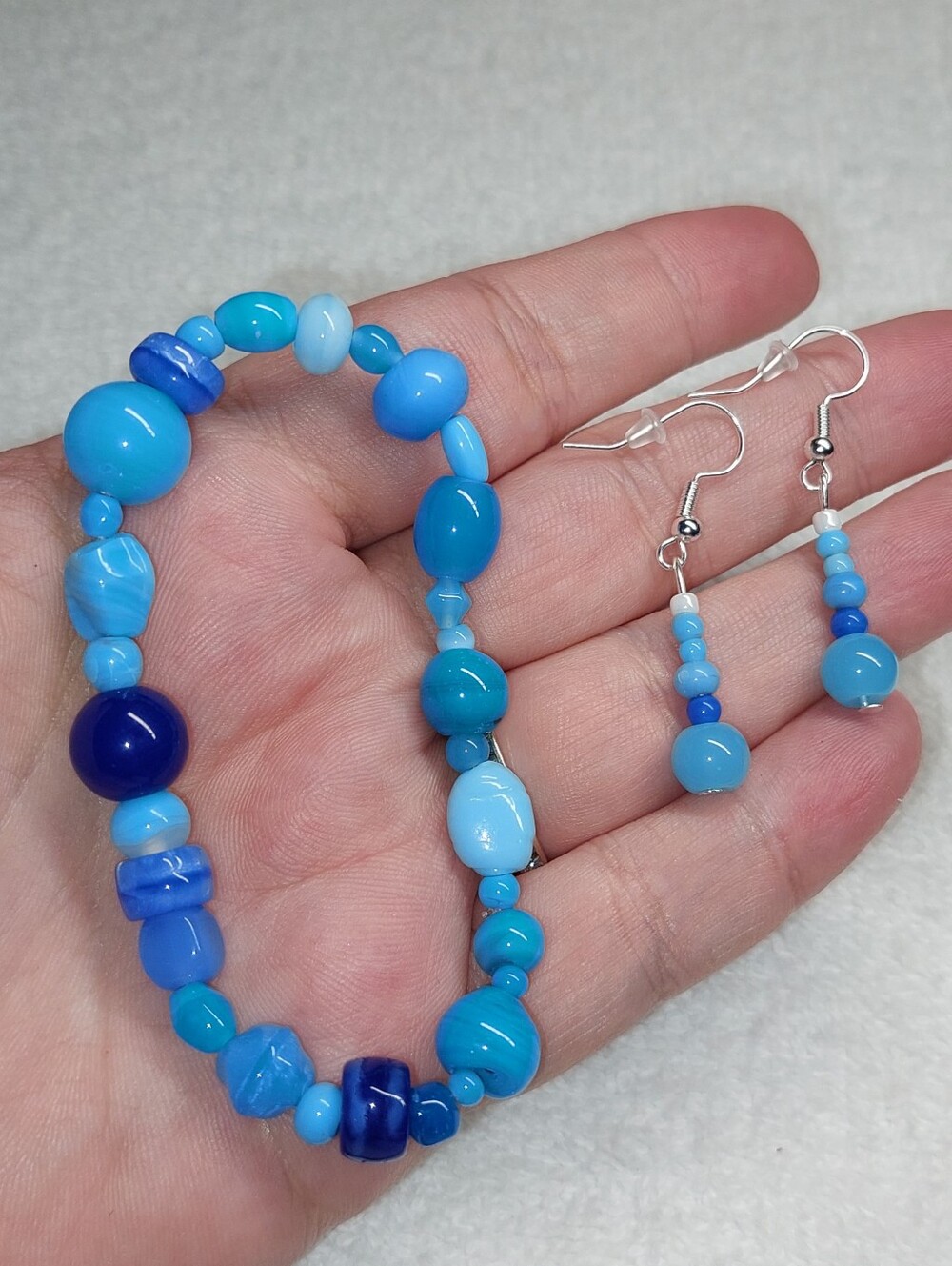 Blue Glass Beaded Bracelet and Earrings Set